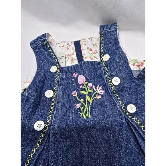 Vintage Faded Glory Denim Embroidered Flower Dress Size 12 Months - Picture 3 of 10